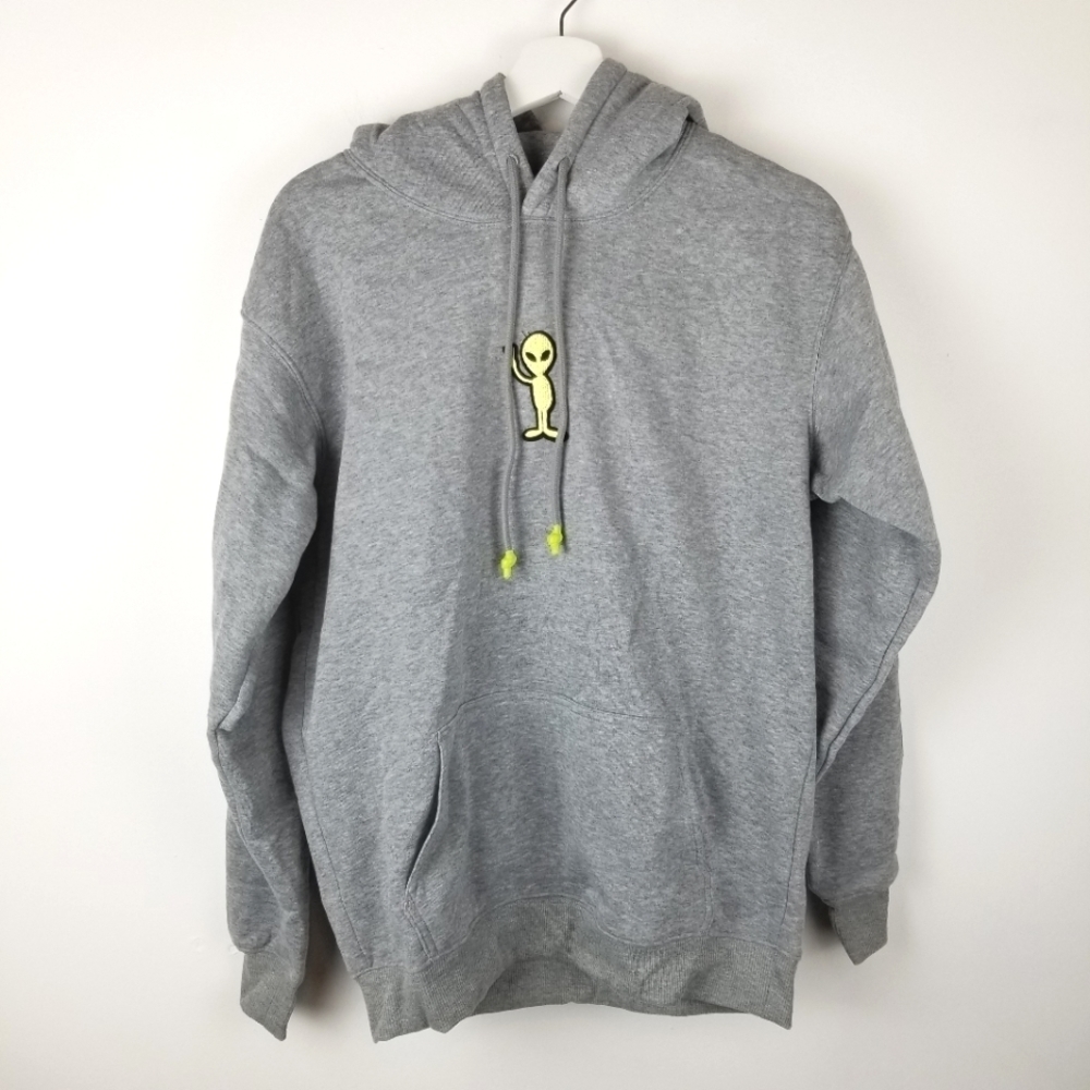 Alien Peace Sign Hoodie Sweatshirt Gray Neon Yellow Embroidered Unisex‎
